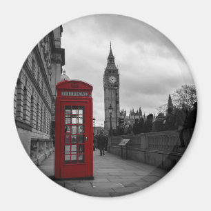 Red telephone box in London round magnet