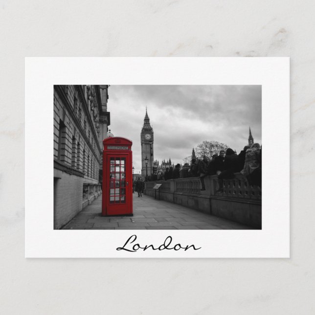 Red telephone box in London white text postcard (Front)