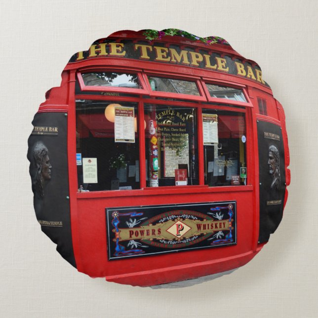 Red Temple Bar pub in Dublin round pillow (Front)