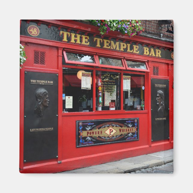 Red Temple Bar pub in Dublin square magnet (Front)