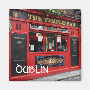 Red Temple Bar pub square magnet with text: Dublin