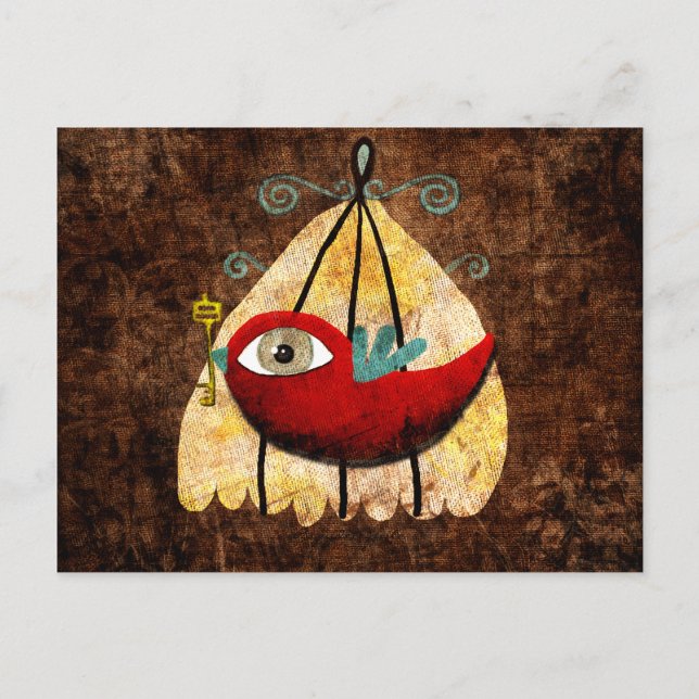 Red tender baby Bird key cage postcard (Front)