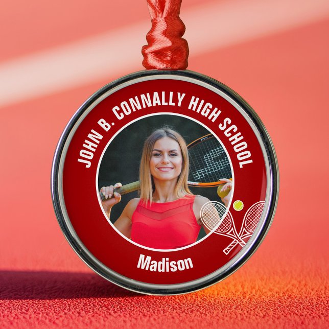 Red Tennis Player Photo High School Christmas Metal Tree Decoration (Creator Uploaded)