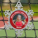 Red Tennis Player Photo High School Spirit Snowflake Pewter Christmas Ornament<br><div class="desc">This cool customized high school tennis player photo gift features white typography of your team and player name on a snowflake Christmas ornament with a cute tennis ball and rackets on red. Personalize with your student's photograph and class year as a proud sports parent.</div>