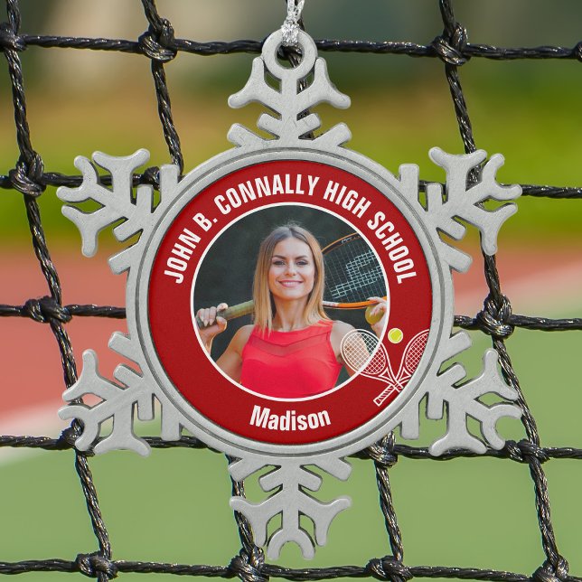 Red Tennis Player Photo High School Spirit Snowflake Pewter Christmas Ornament (Creator Uploaded)
