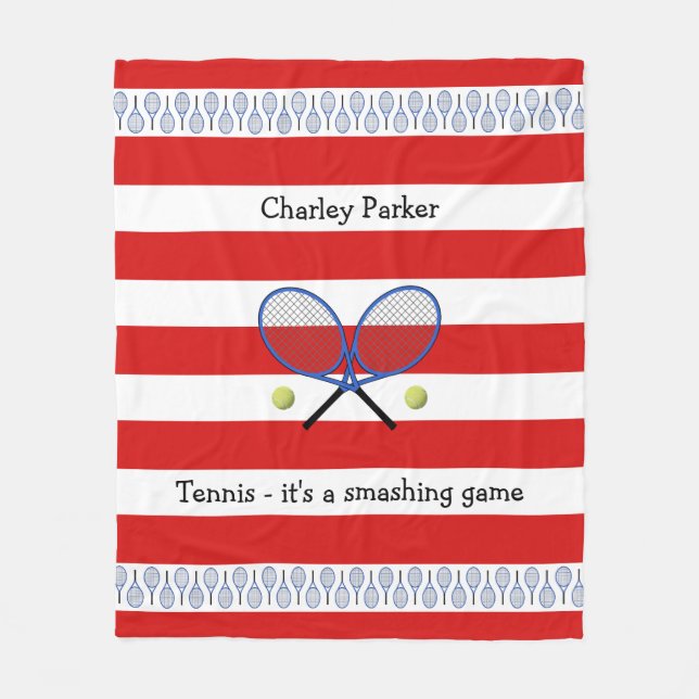 Red tennis quote personalised striped fleece blanket (Front)