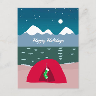 Red Tent Camper at Christmas Holiday Postcard