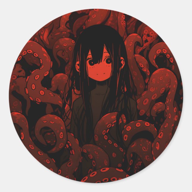Red Tentacle Horror Anime Girl Classic Round Sticker (Front)