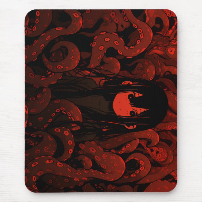 Red Tentacle Horror Anime Girl Mouse Mat (Front)