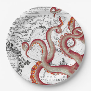 Red Tentacles octopus Vintage Map Nautical Chic Paper Plate
