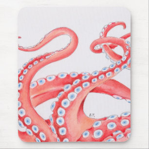 Red Tentacles Octopus Watercolor Mouse Mat