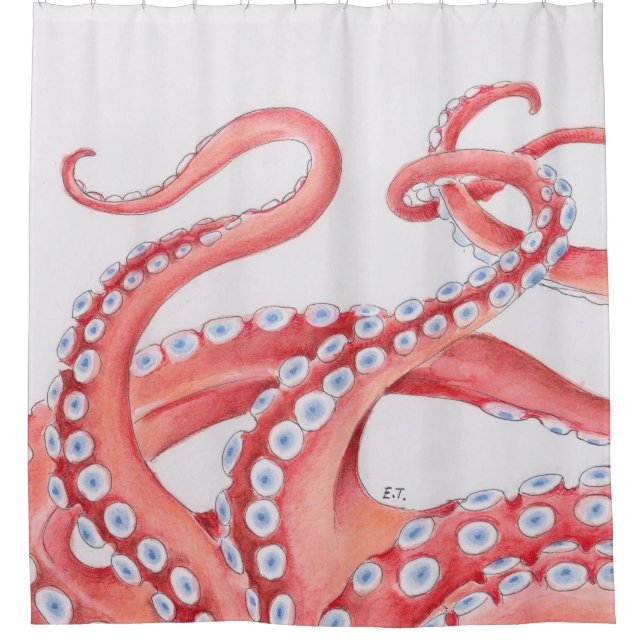 Red Tentacles Octopus Watercolor Shower Curtain (Front)