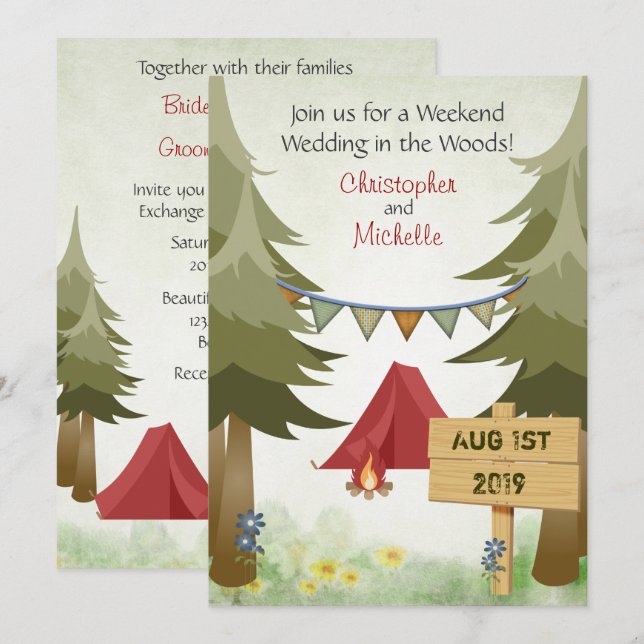 Red Tents and Campfire Woodland Camping Wedding Invitation (Front/Back)
