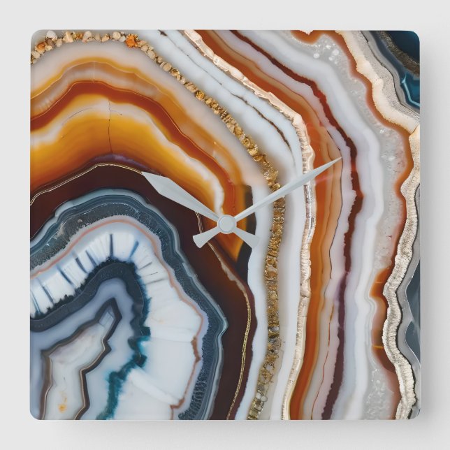 Red Terracotta White Black Blue Gold Agate Geode Square Wall Clock (Front)