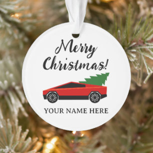 Red Tesla pickup truck with Christmas tree Ornament