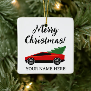 Red Tesla pickup truck with Christmas tree retro Ceramic Ornament