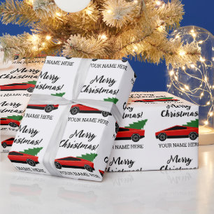 Red Tesla pickup truck with Christmas tree Wrapping Paper