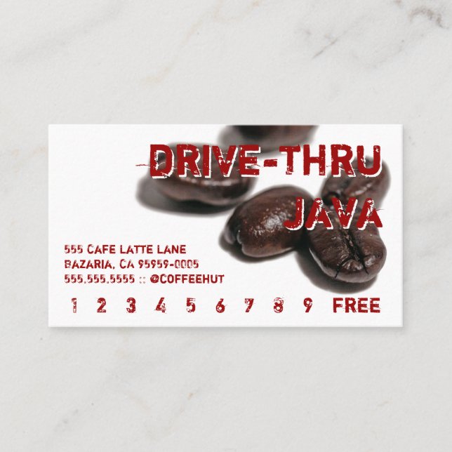 Red Text Coffee Beans Drink Punch Card (Front)