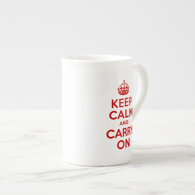Red Text Keep Calm and Carry On Bone China Mug (Front Right)