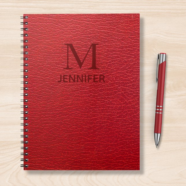 Red Textured Leather Monogram Personalised Name Notebook (Creator Uploaded)