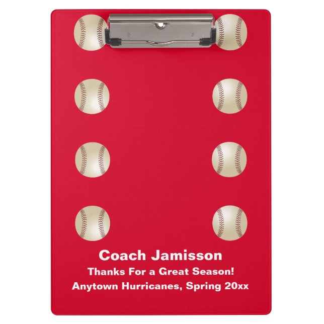 Red, Thank You Baseball Team Coach, Name,  Clipboard (Front)