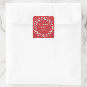 Red Thank You Christmas Holly Wreath Square Sticker