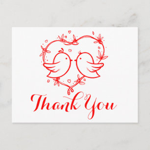 Red Thank You Lovebirds Hearts Wedding Love Postcard