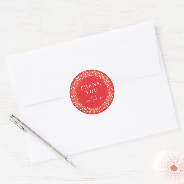 Red Thank You Sparkling Lights Christmas Classic Round Sticker (Envelope)