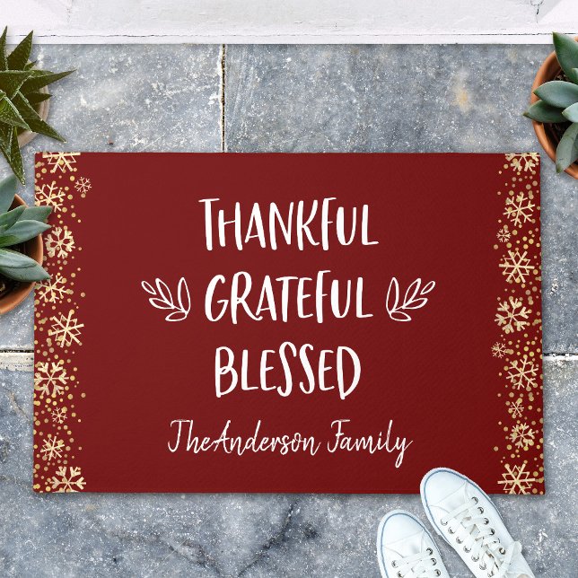 Red Thankful Grateful Blessed Snowflakes Holiday Doormat (Creator Uploaded)