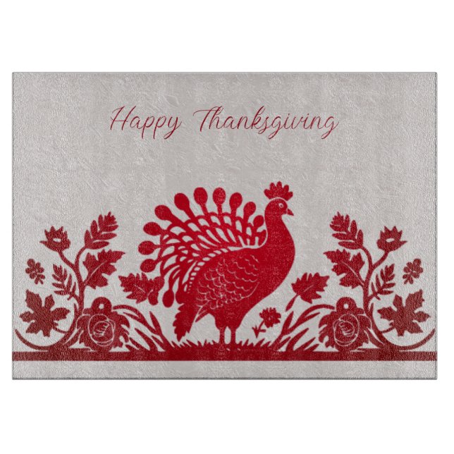 Red Thanksgiving Turkey Floral Cutting Board (Front)