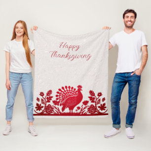 Red Thanksgiving Turkey Floral Fleece Blanket