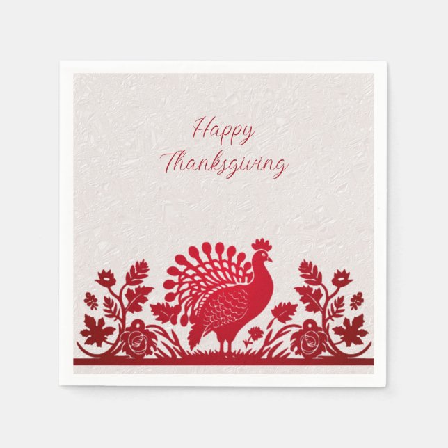 Red Thanksgiving Turkey Floral Napkins (Front)