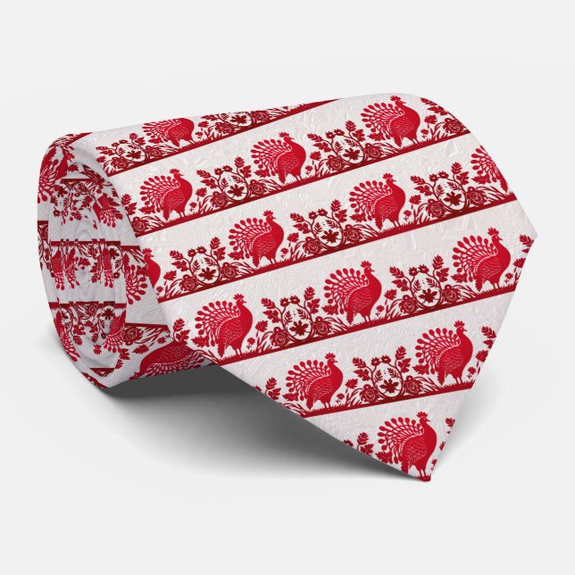 Red Thanksgiving Turkey Floral Neck Tie (Rolled)
