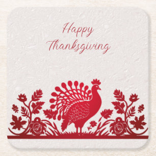 Red Thanksgiving Turkey Floral Paper Coaster