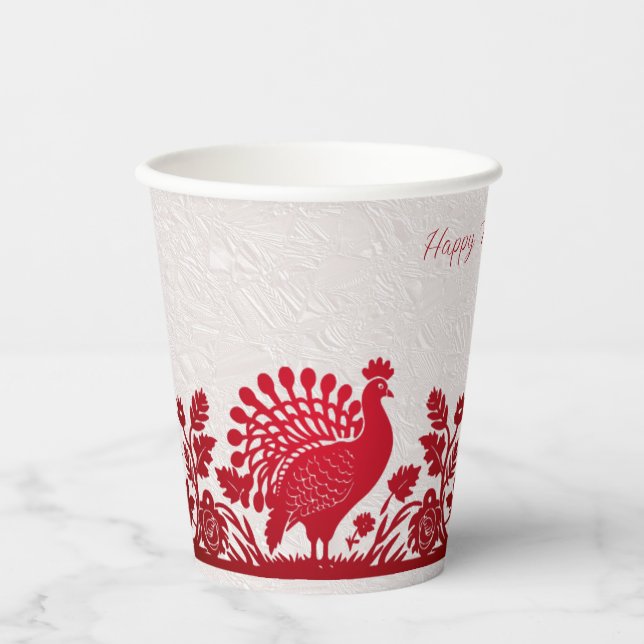 Red Thanksgiving Turkey Floral Paper Cups (Front)