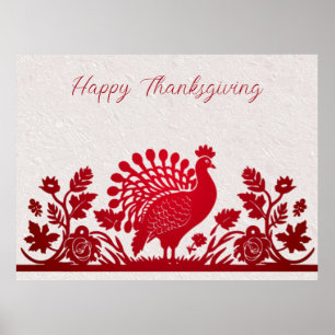 Red Thanksgiving Turkey Floral Poster