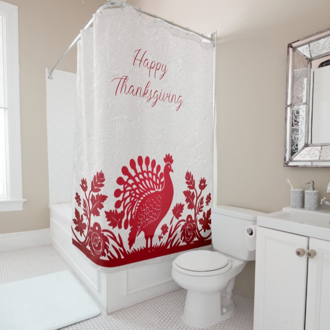 Red Thanksgiving Turkey Floral Shower Curtain (In Situ)