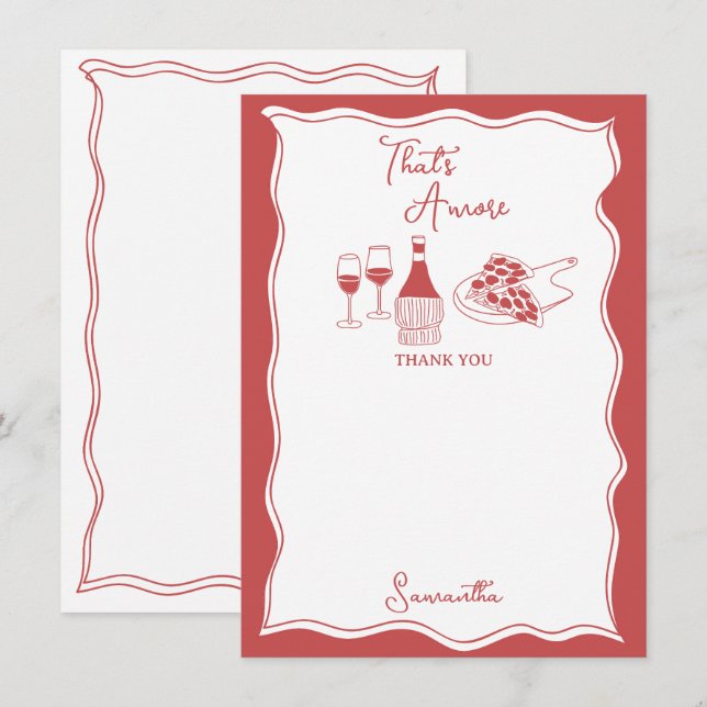 Red That's Amore Italian Pizza Wine Bridal Shower Thank You Card (Front/Back)