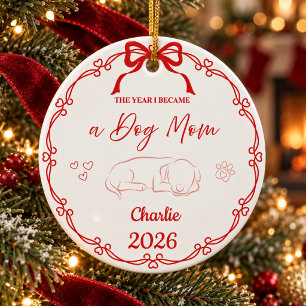 Red The Year I Became A Dog Mum Custom Name Ceramic Tree Decoration