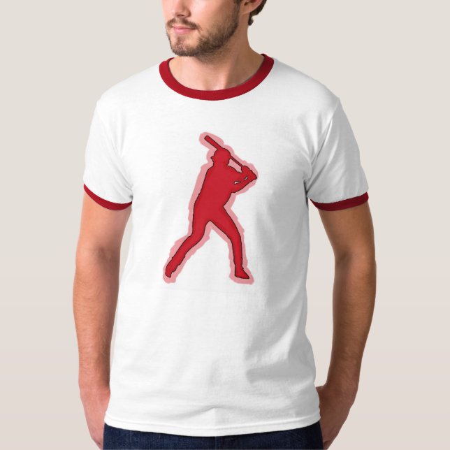 Red theme baseball player ringer guys tee (Front)