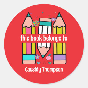 Red This book belongs to pencil kids bookplate Classic Round Sticker