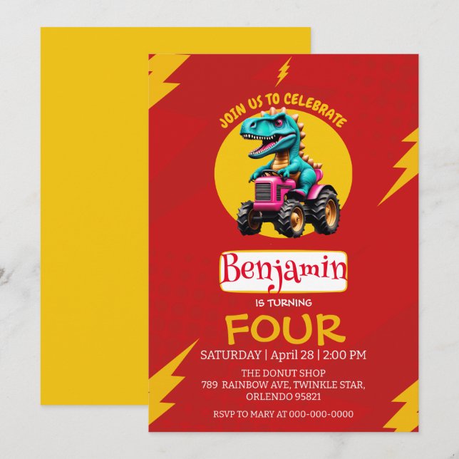 RED thunder Cute dinosaur Farmer truck Birthday  Invitation (Front/Back)