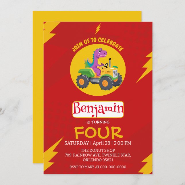 RED thunder Cute dinosaur truck School Birthday  Invitation (Front/Back)