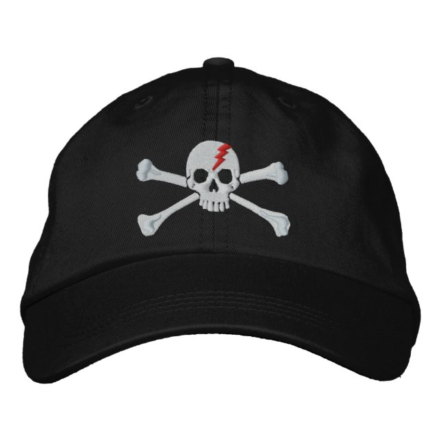 Red Thunderbolt Crossbones Skull Embroidery Embroidered Hat (Front)