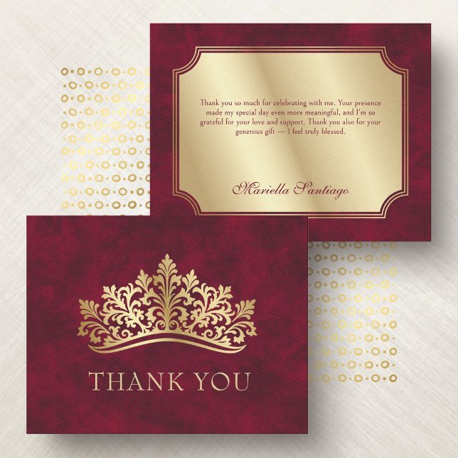 Red Tiara Crown Elegant Quinceanera Thank You Card (Creator Uploaded)