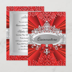 Red Tiara & Damask Quinceanera Invite