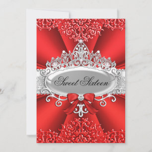 Red Tiara & Damask Sweet 16 Birthday Party Invitation