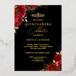 Red Tiara Floral Gold Quinceanera 
