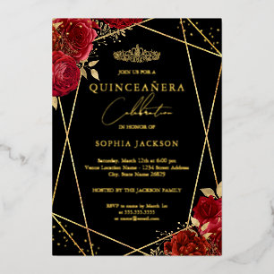 Red Tiara Floral Gold Quinceanera Modern 