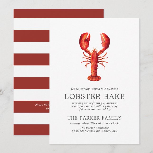 Red Tide  | Lobster Bake Striped Invitation (Front/Back)